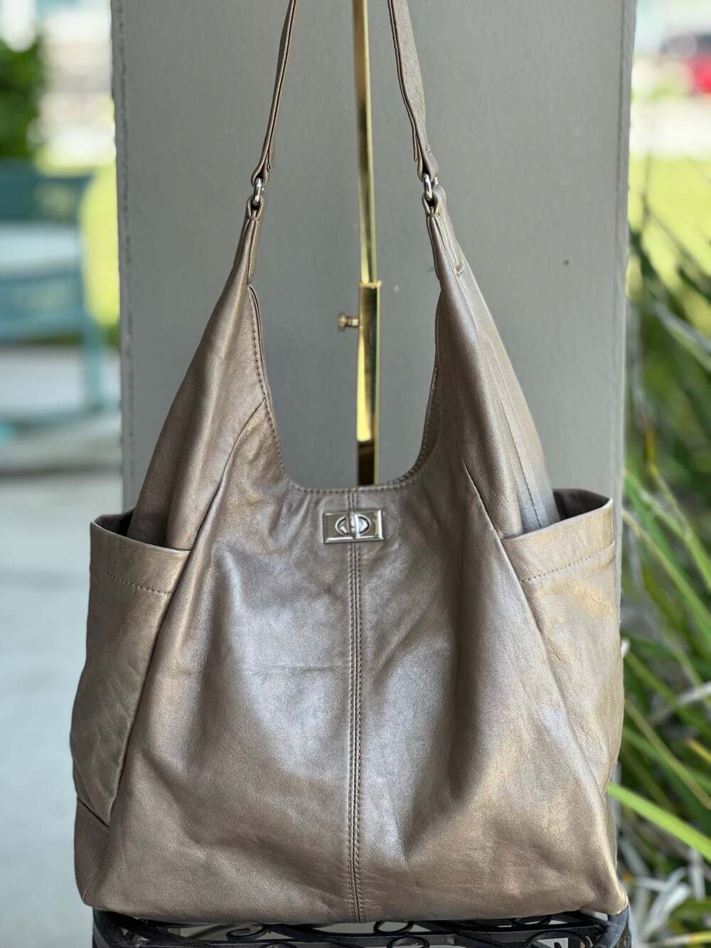Banana Republic Metallic Bronze Leather Hobo Shoulder Bag with Twist Lock